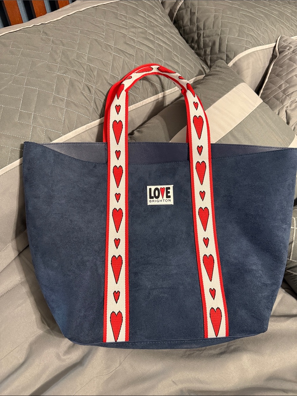 Brighton Navy Suede Tote with Red and Cream Heart Straps
